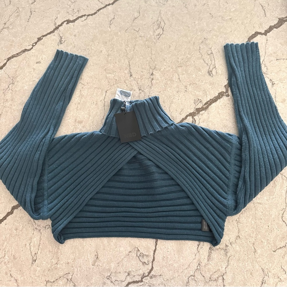 NBD NEW RevolveTeal Ribbed Turtleneck Crop Sweater Size XS Long Sleeve Knit Top